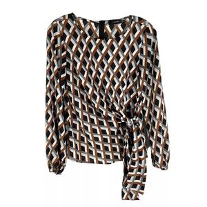 Hallhuber Blouse Womens Size 6 Black Gray Taupe Lattice Prism Print Career